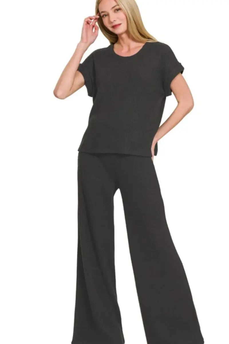 Zenana Rolled Sleeve Top and Pants Sweater Set - Love Salve